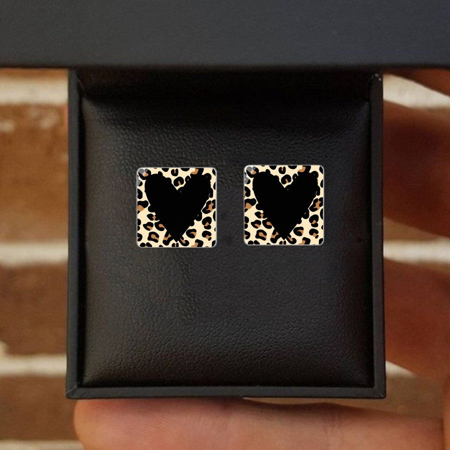 Leopard Print Heart Square Stud Earrings