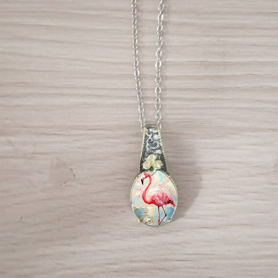 Pink Flamingo Glass Pendant Necklace