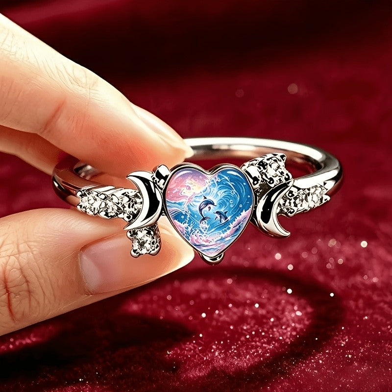 Ocean Dolphin Heart Ring