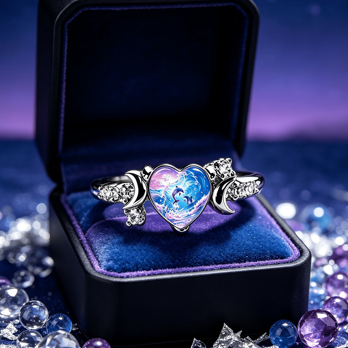 Ocean Dolphin Heart Ring