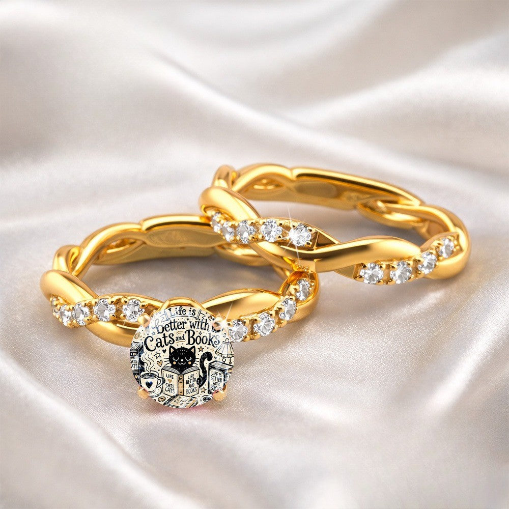 Cat & Books Dome Ring