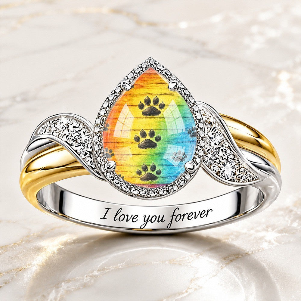 Rainbow Paw Print Teardrop Ring