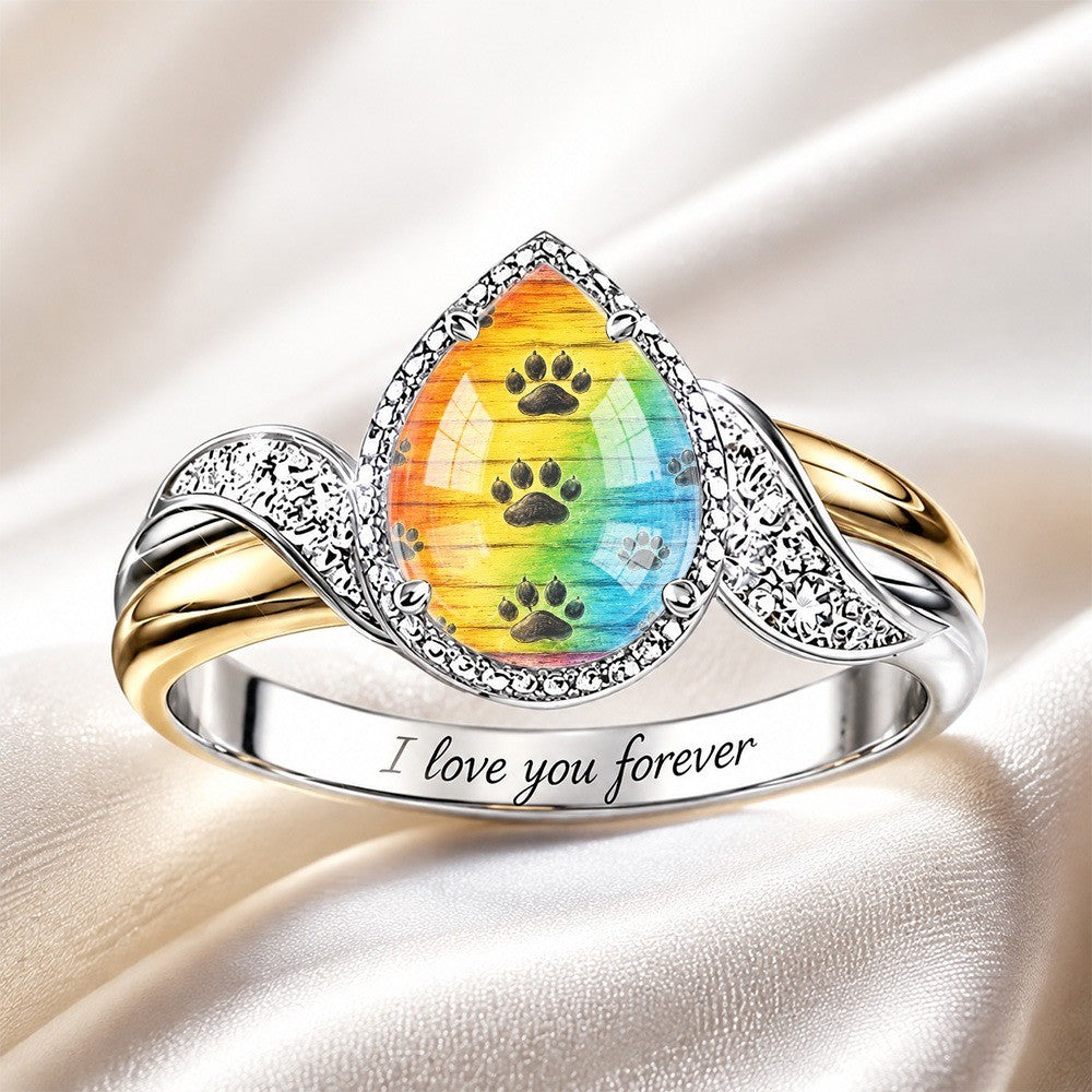 Rainbow Paw Print Teardrop Ring