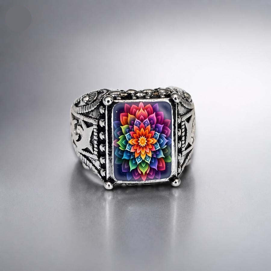 Colorful Geometric Flower Square Ring