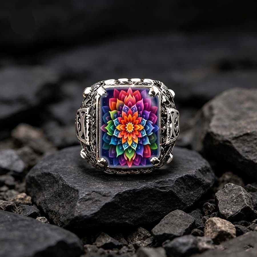 Colorful Geometric Flower Square Ring