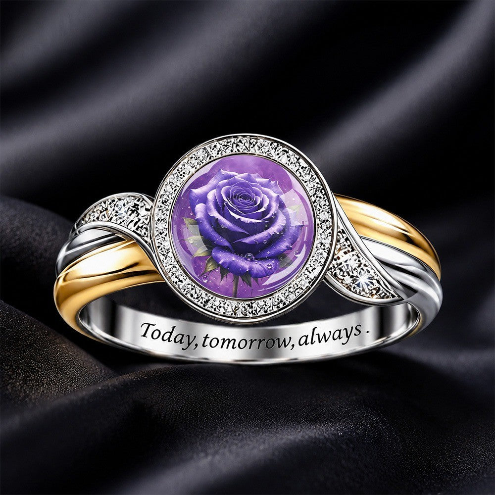 Purple Rose & Crystal Halo Ring