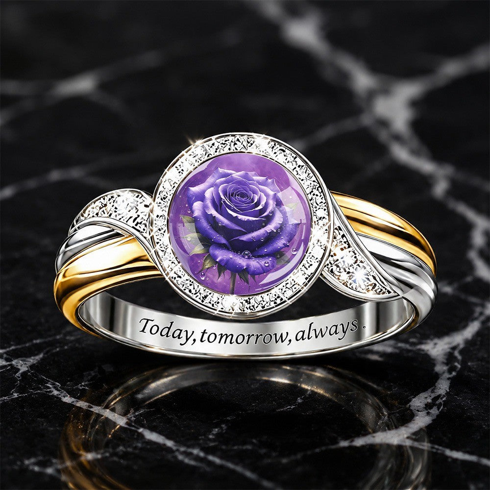 Purple Rose & Crystal Halo Ring