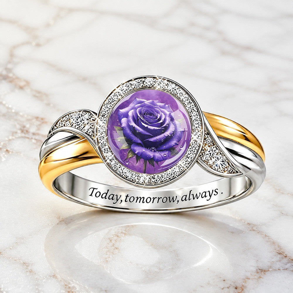Purple Rose & Crystal Halo Ring