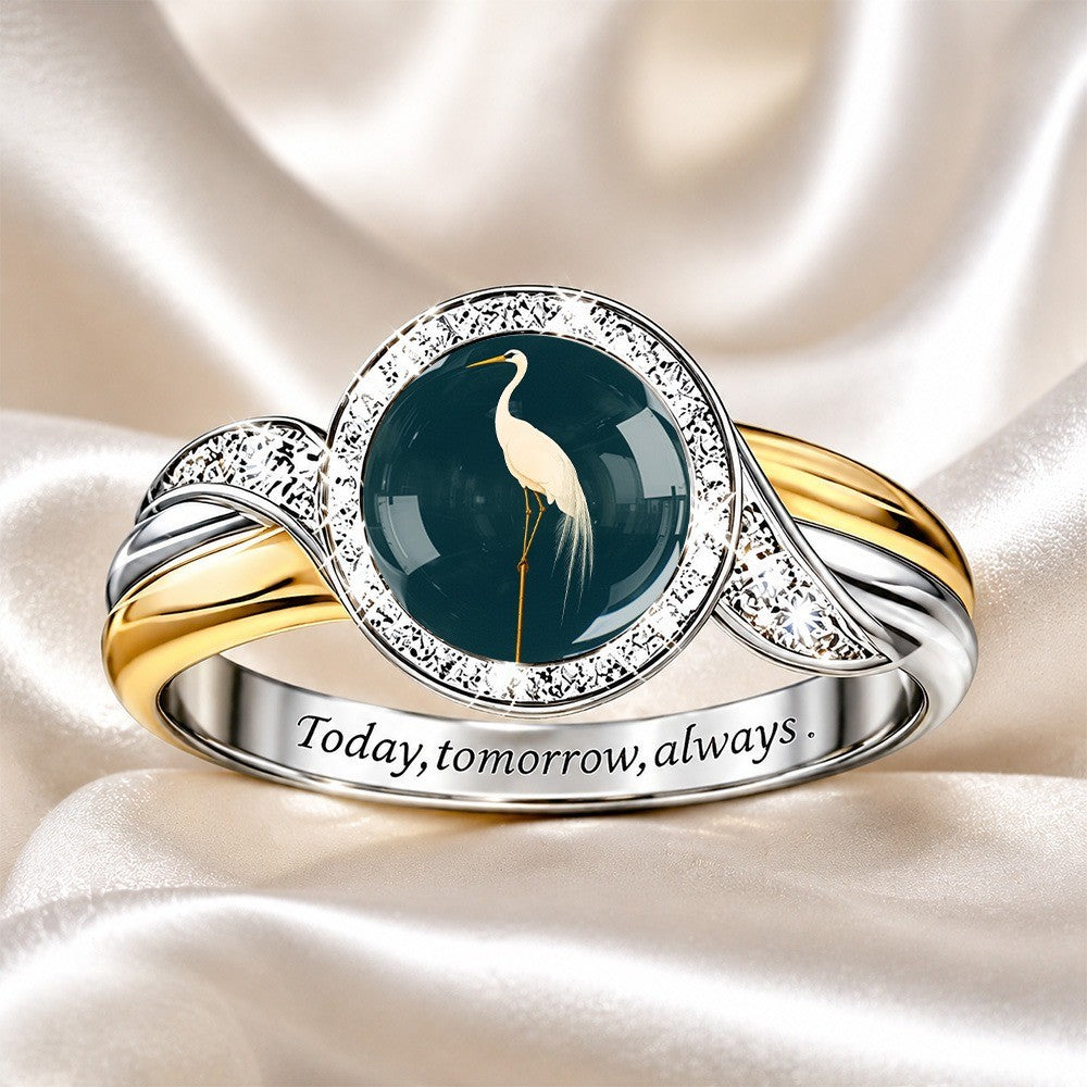 White Crane Glass Inlay Ring