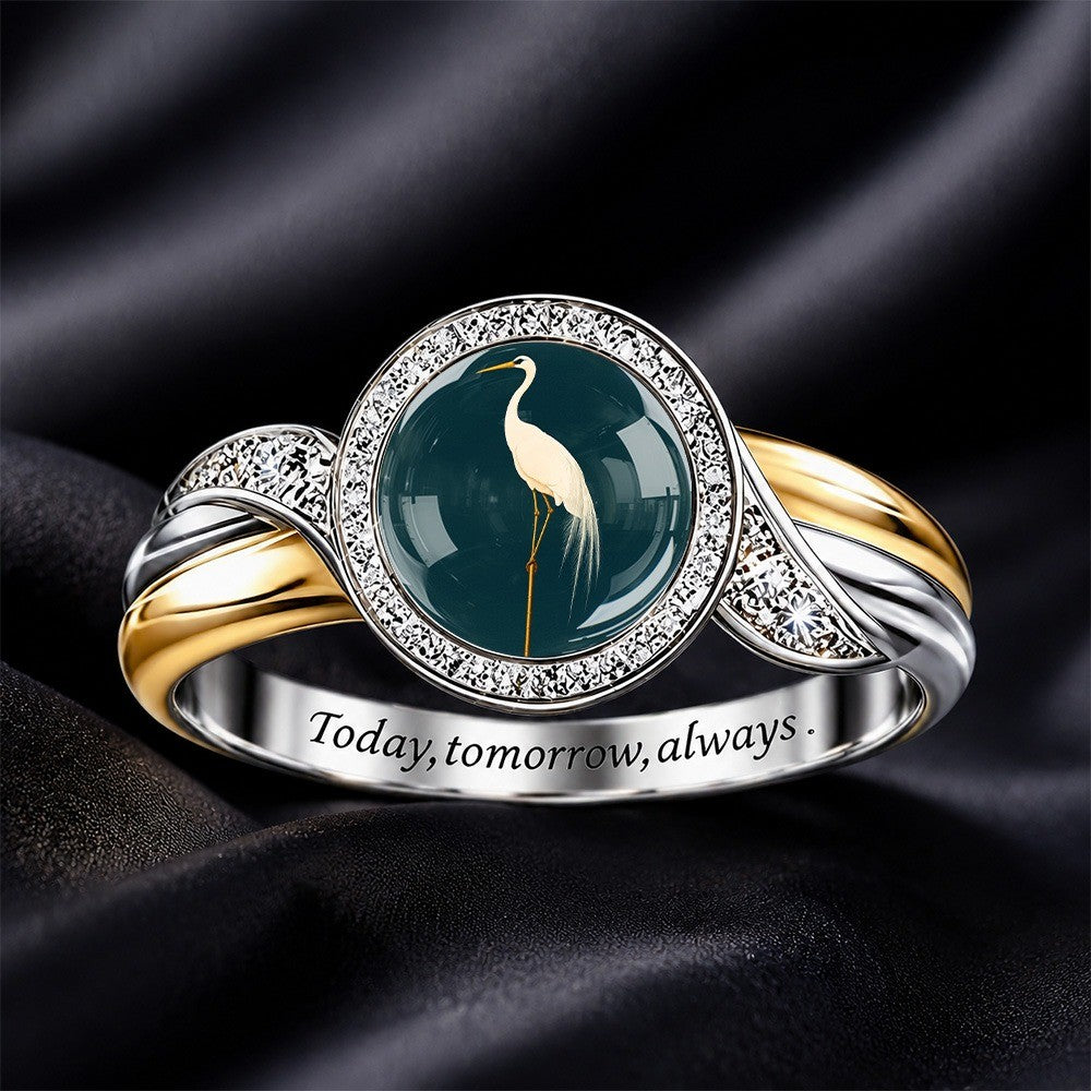 White Crane Glass Inlay Ring