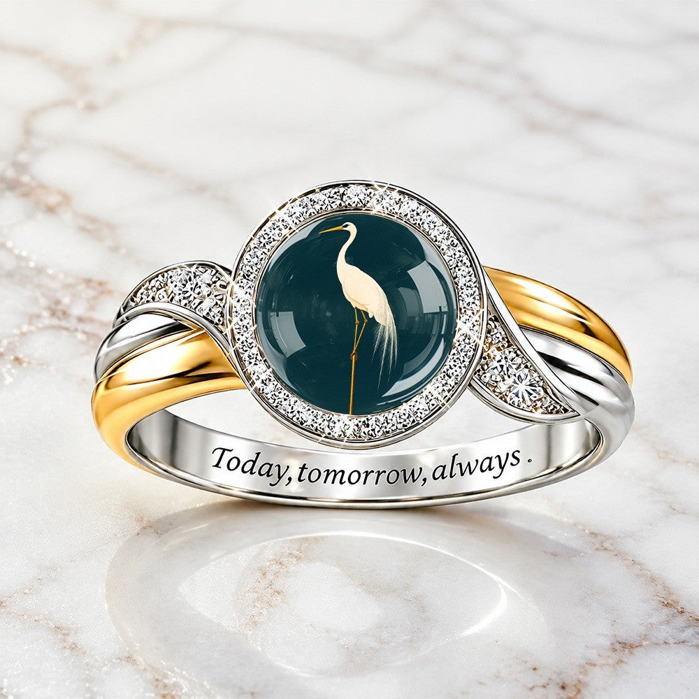 White Crane Glass Inlay Ring