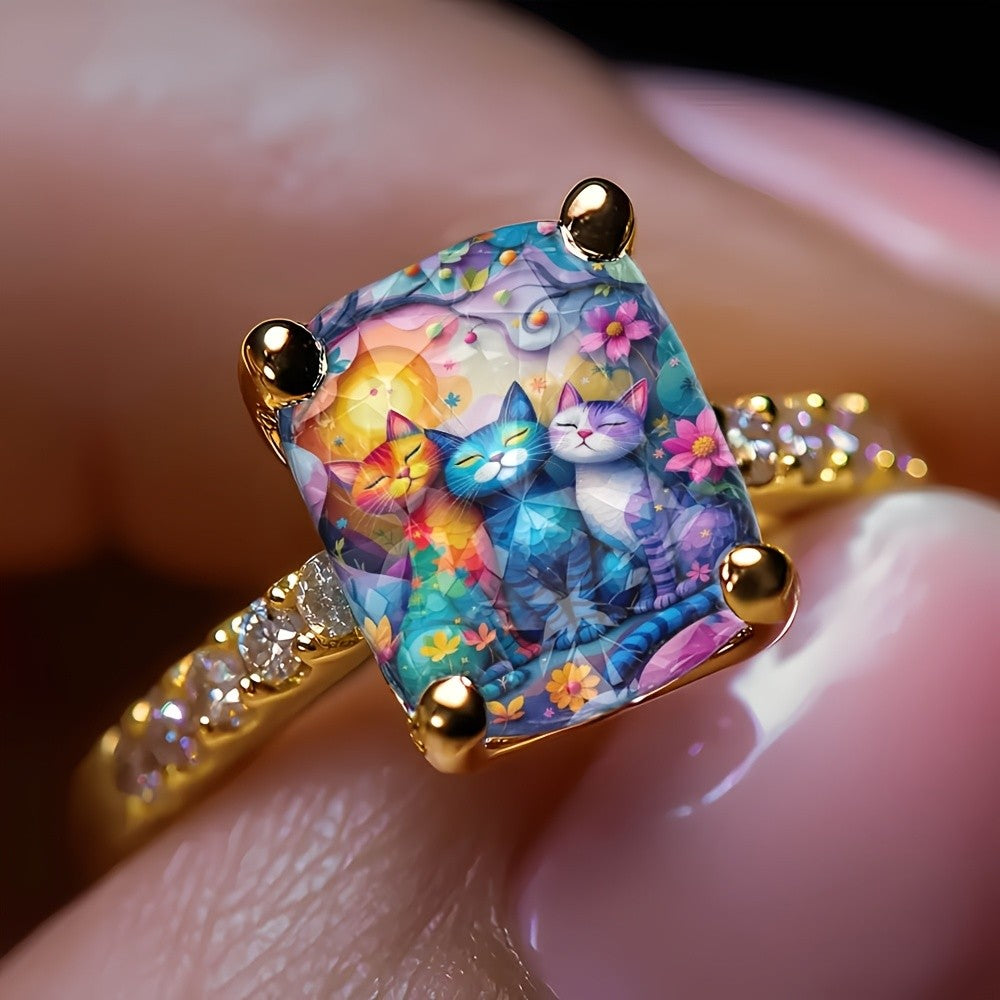 Colorful Trio Cats Square Ring