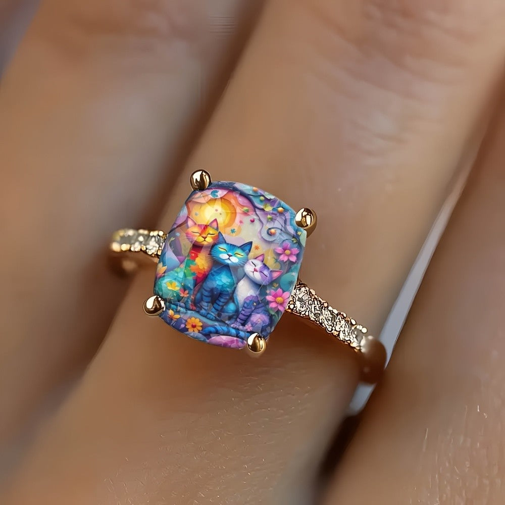Colorful Trio Cats Square Ring