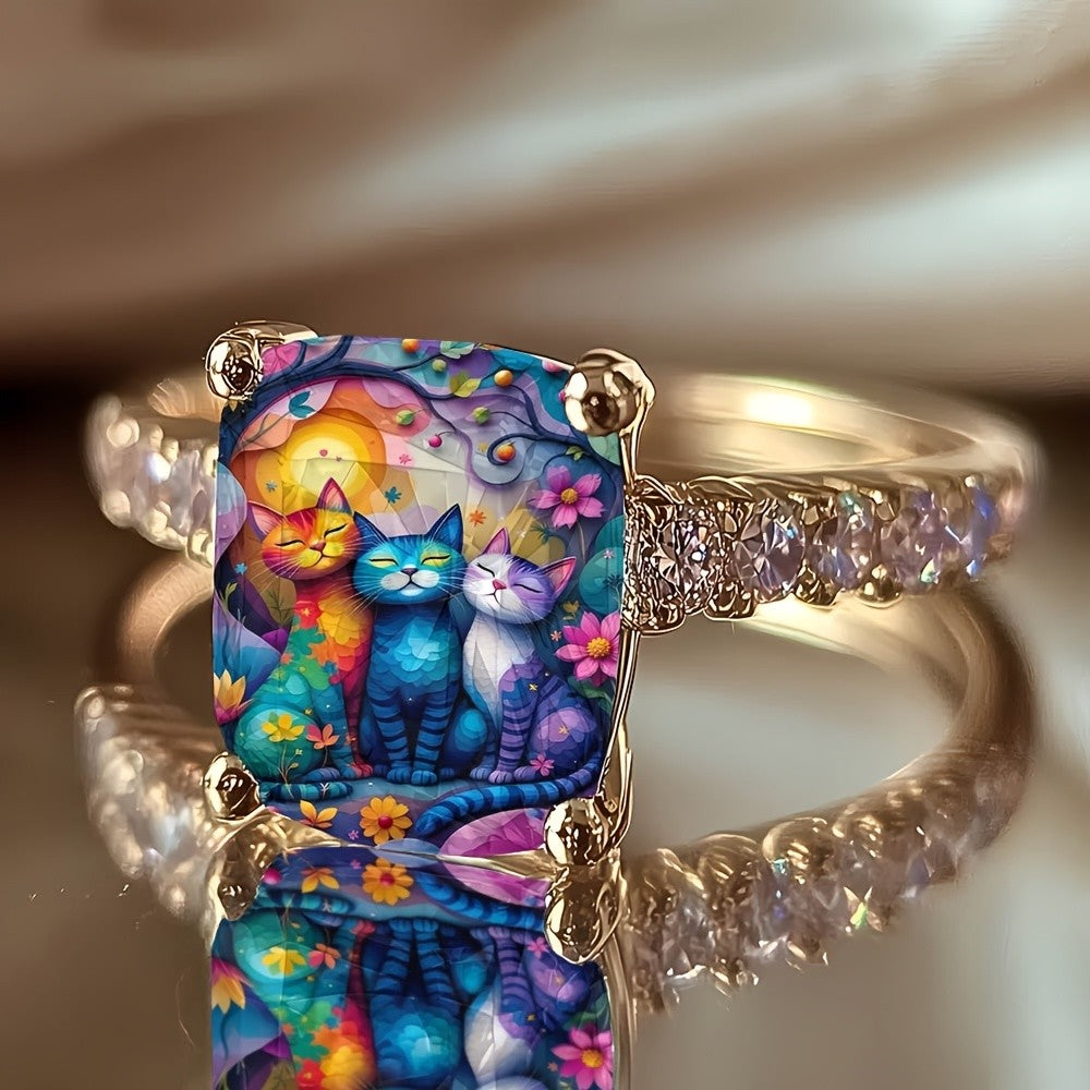 Colorful Trio Cats Square Ring