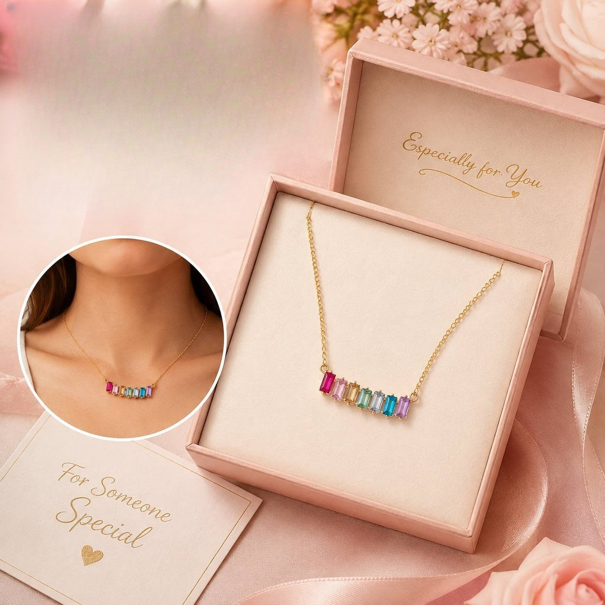 Rainbow Emerald Cut Bar Necklace