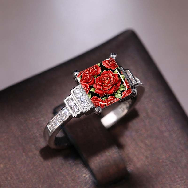 Red Rose Crystal Square Ring