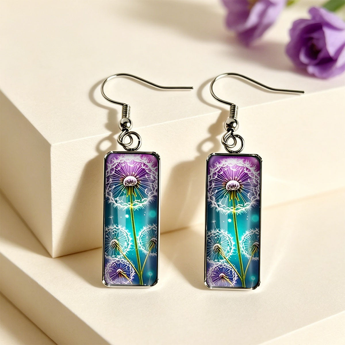 Purple Dandelion Rectangular Earrings