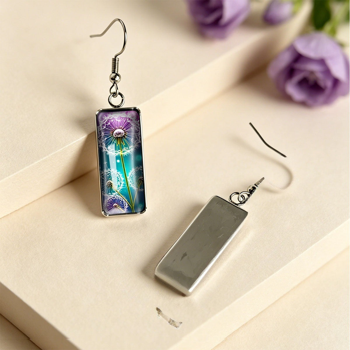 Purple Dandelion Rectangular Earrings
