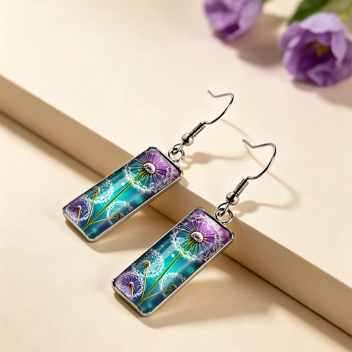 Purple Dandelion Rectangular Earrings