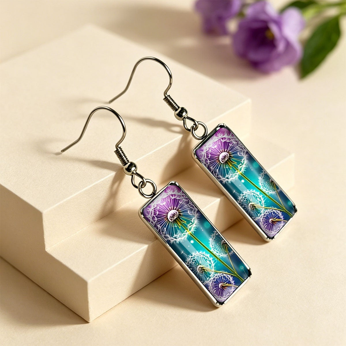Purple Dandelion Rectangular Earrings