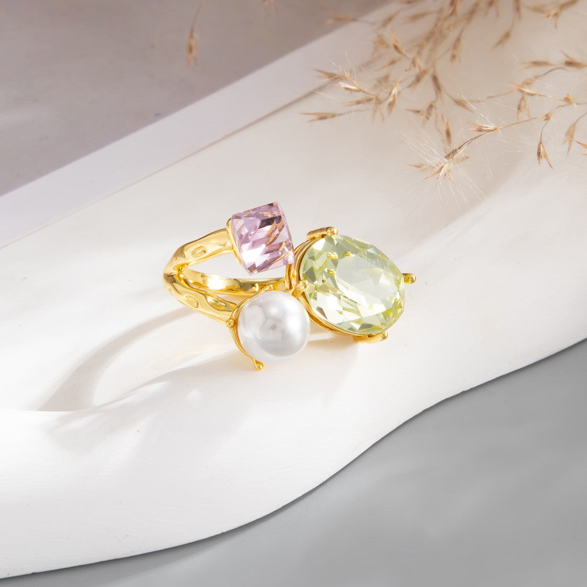 Green Oval & Pearl Cluster Ring