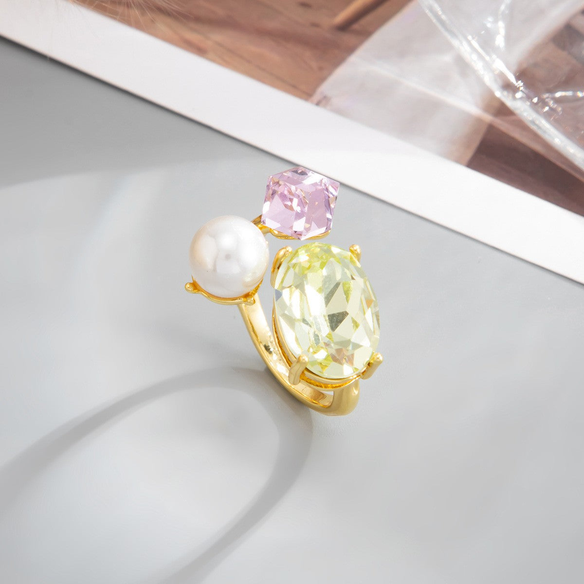 Green Oval & Pearl Cluster Ring