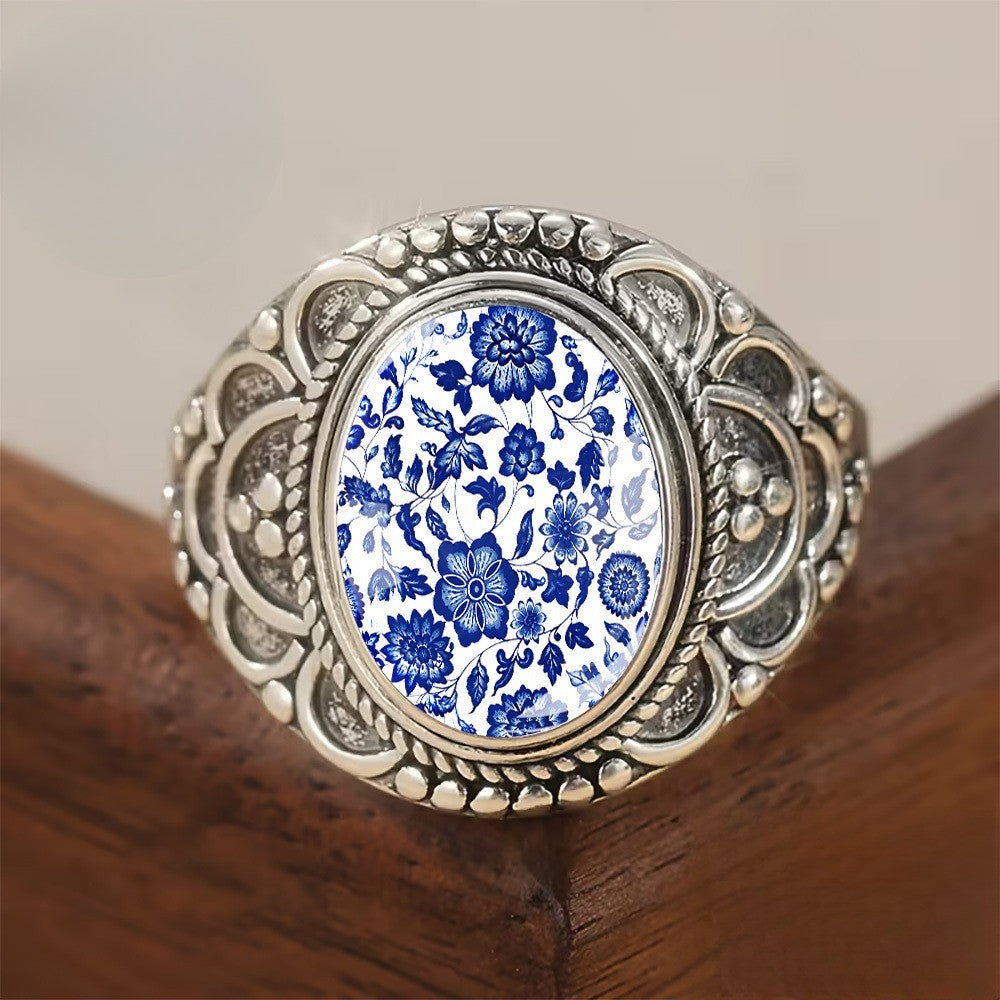 Blue Floral Porcelain Ring