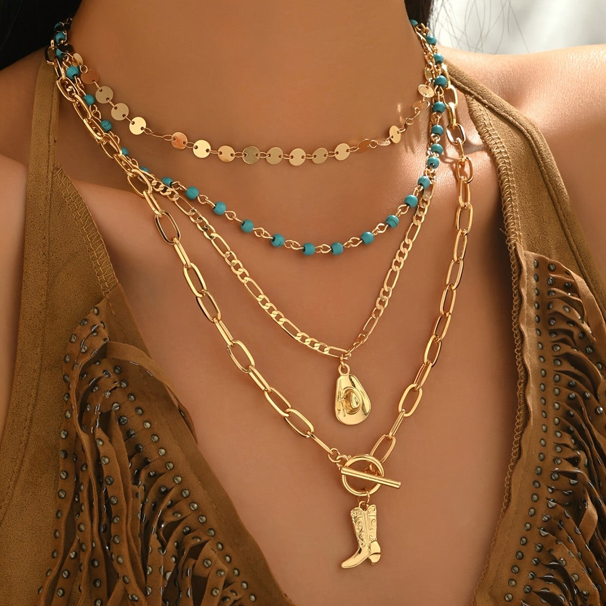 Cowboy Boot & Coin Layered Necklace Set