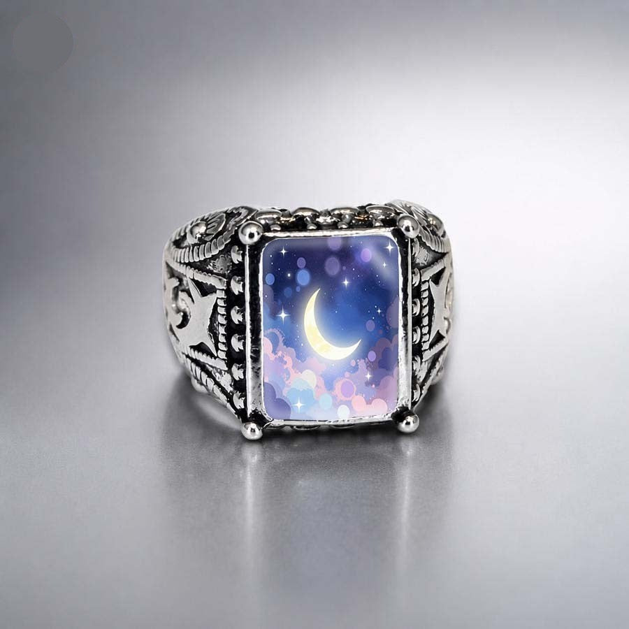Starry Night Crescent Moon Square Ring