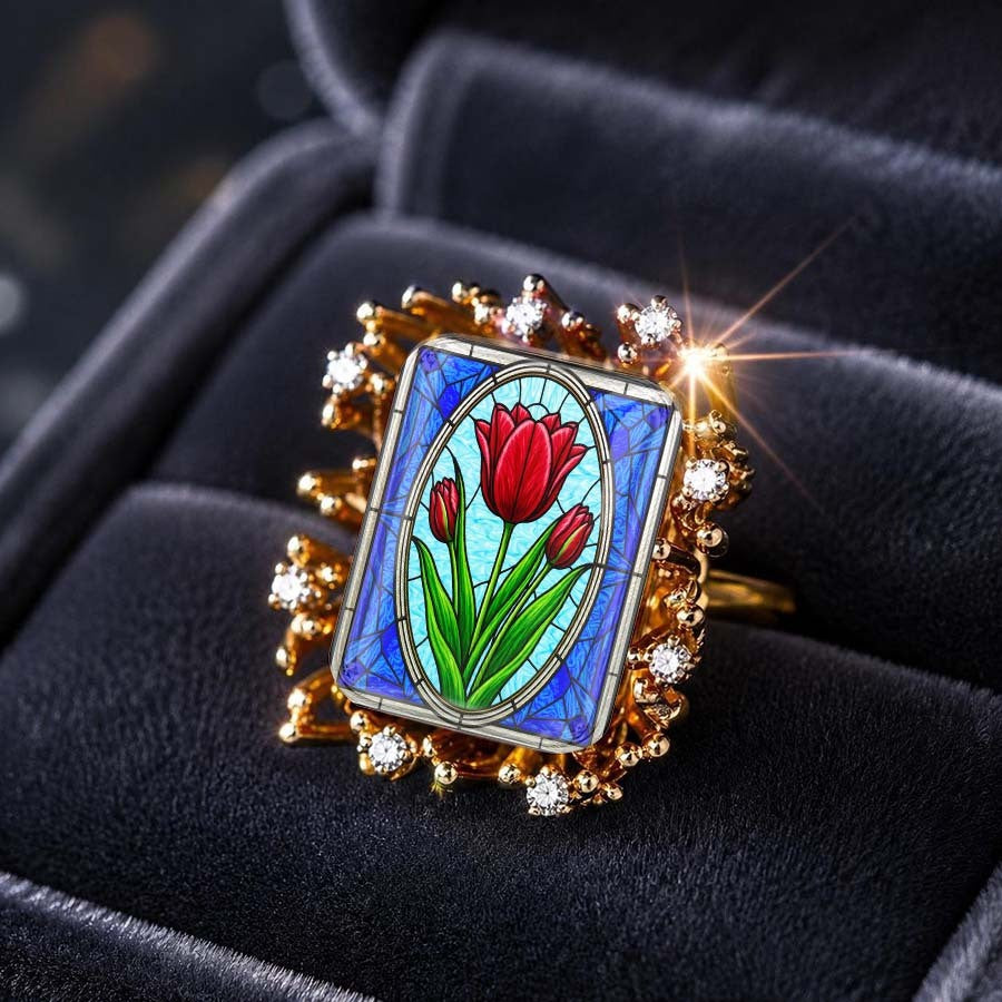 Red Tulip Stained Glass Ring