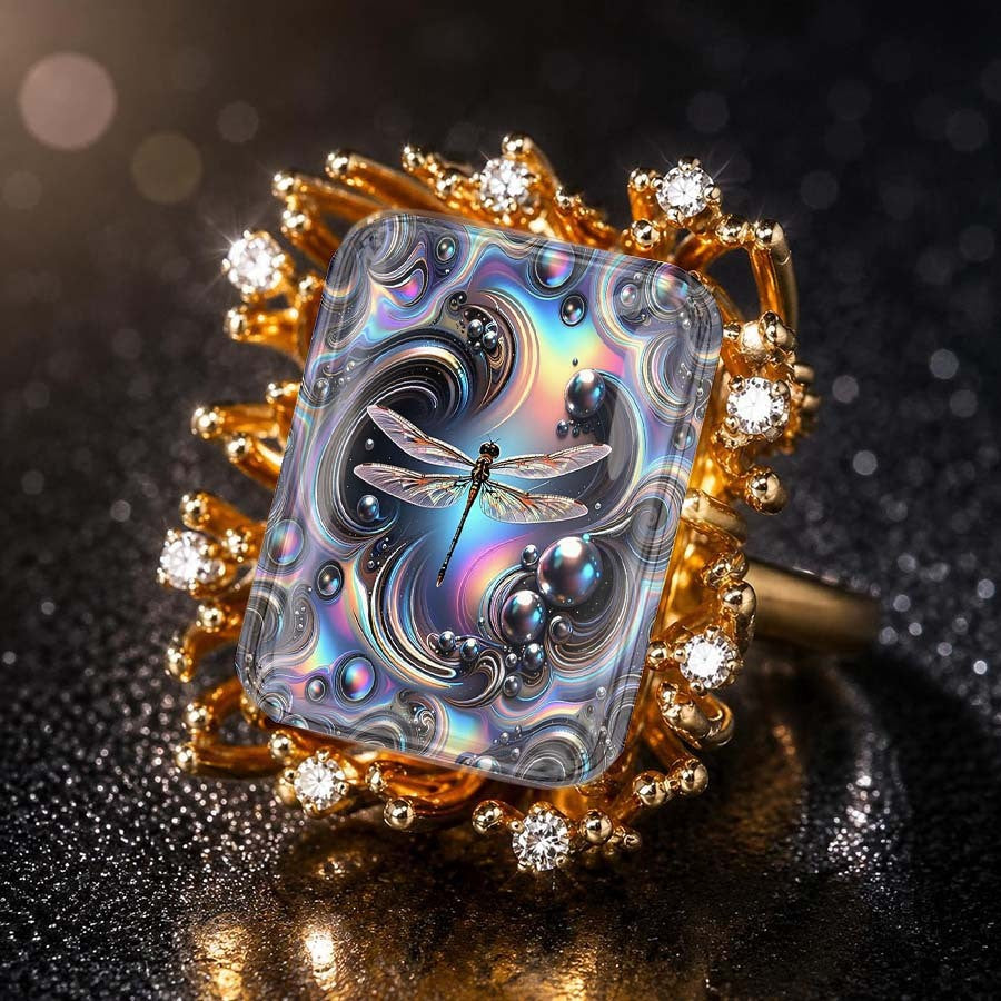 Dragonfly Iridescent Glass Square Ring