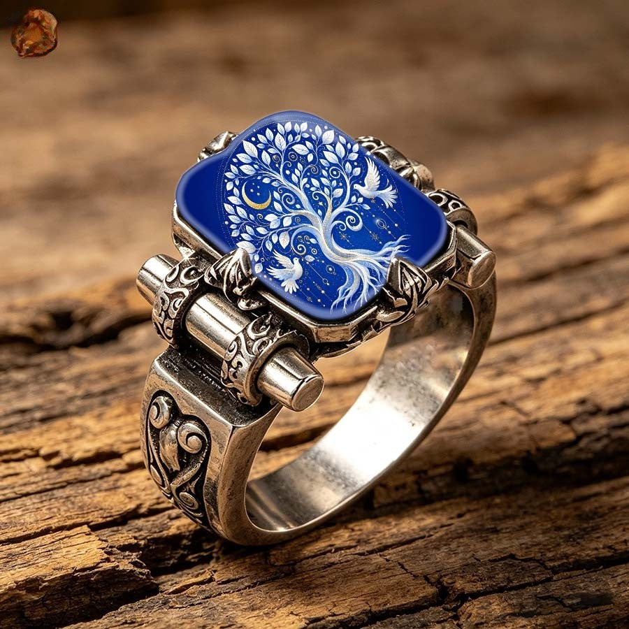 Blue Tree of Life Dove Square Ring