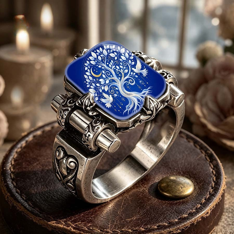 Blue Tree of Life Dove Square Ring