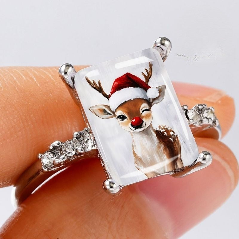 Santa Reindeer Glass Ring