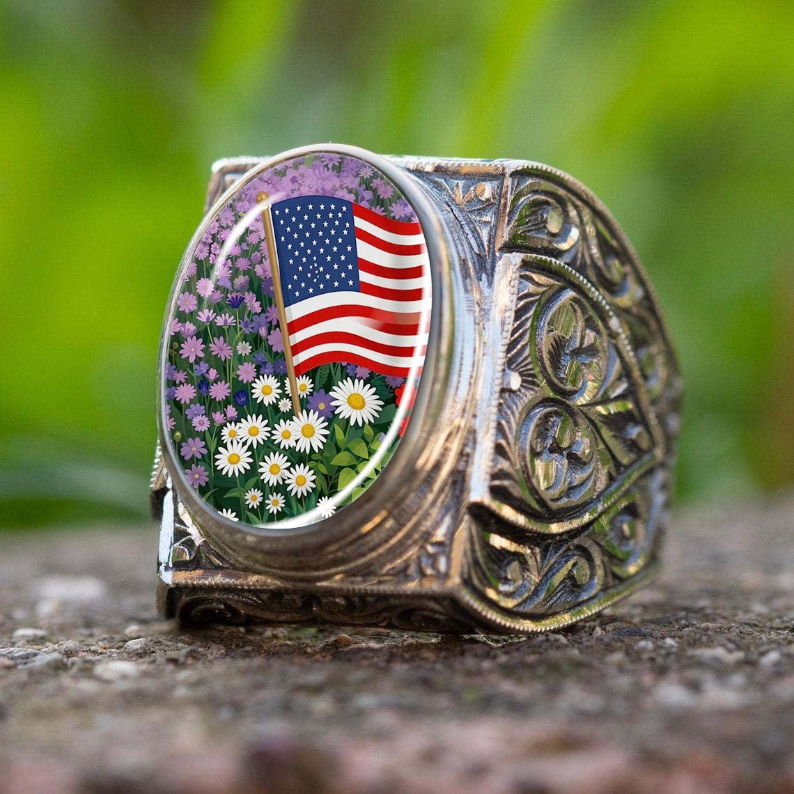 American Flag & Daisy Oval Ring
