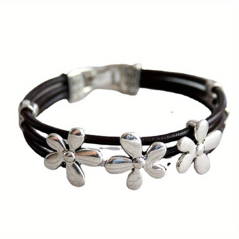Flower Charm Leather Bracelet