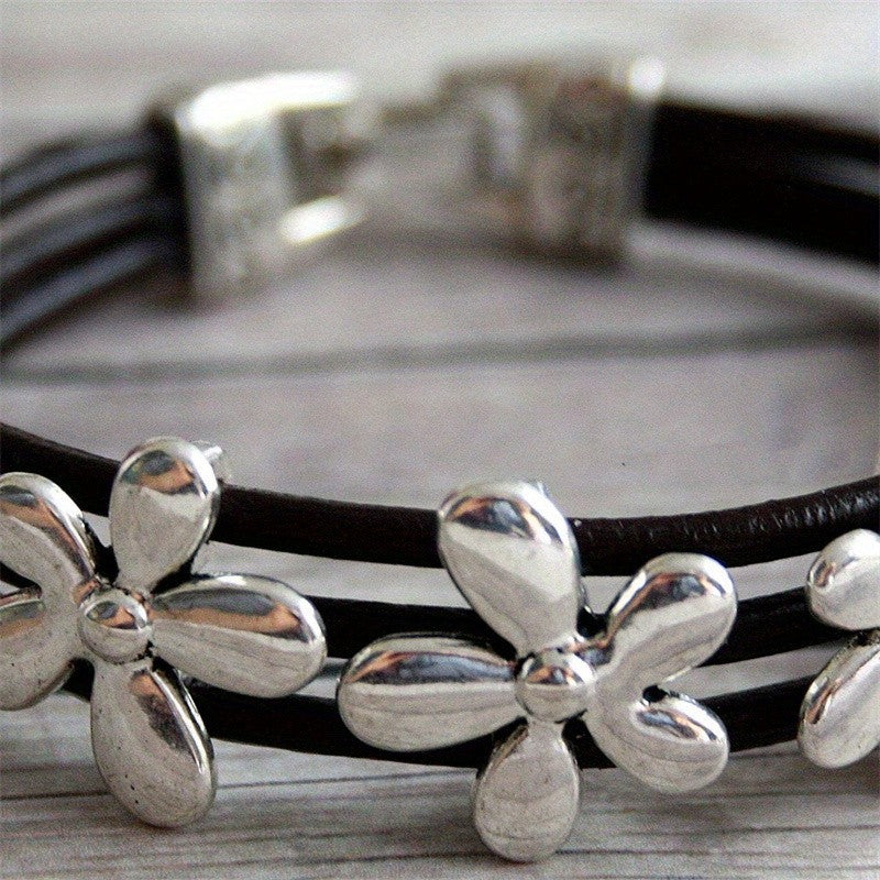 Flower Charm Leather Bracelet