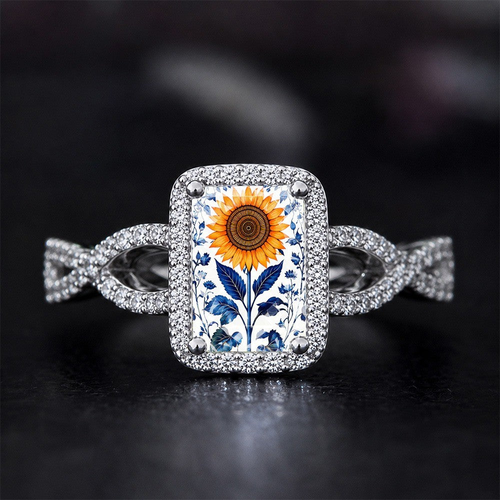 Sunflower & Blue Leaf Square Ring