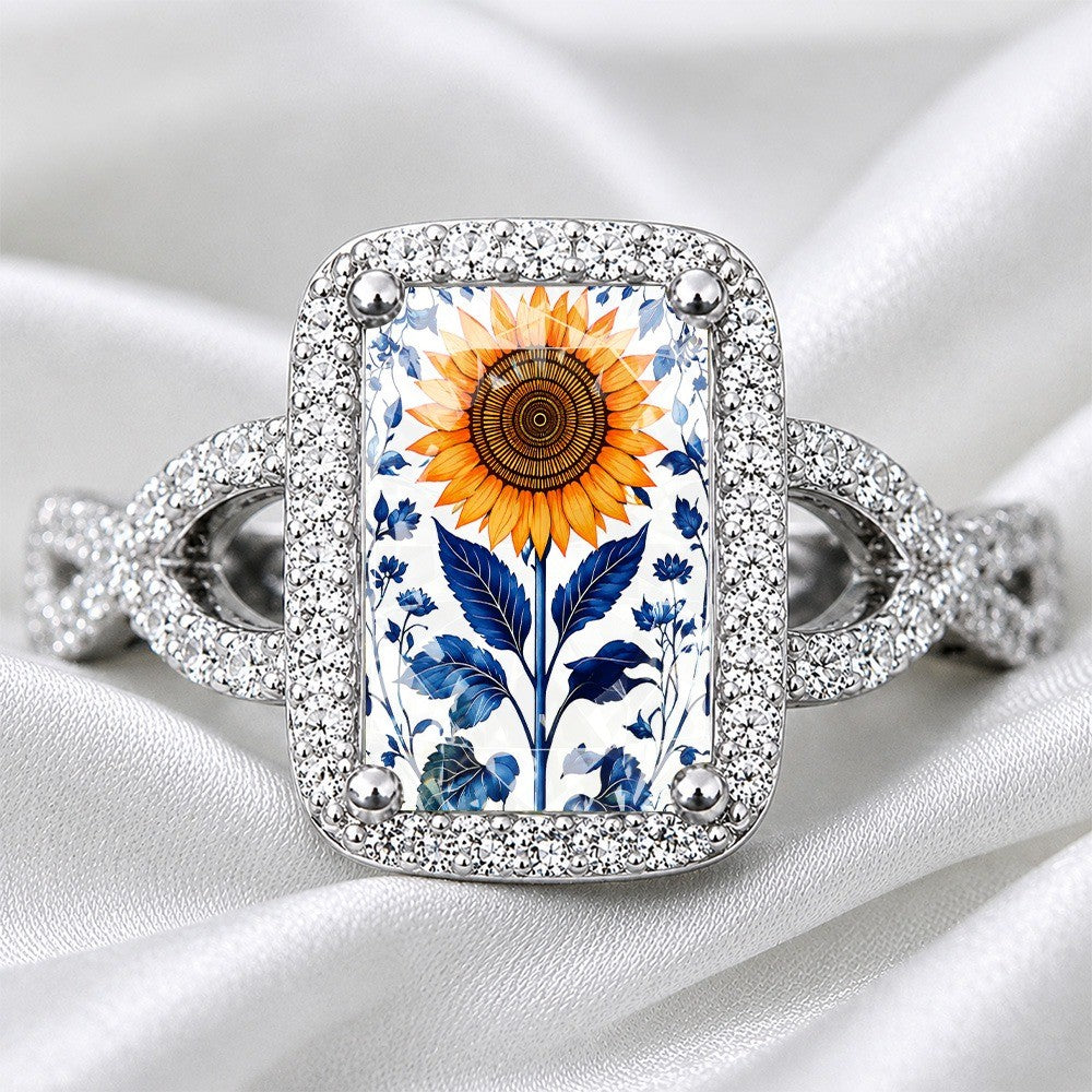 Sunflower & Blue Leaf Square Ring