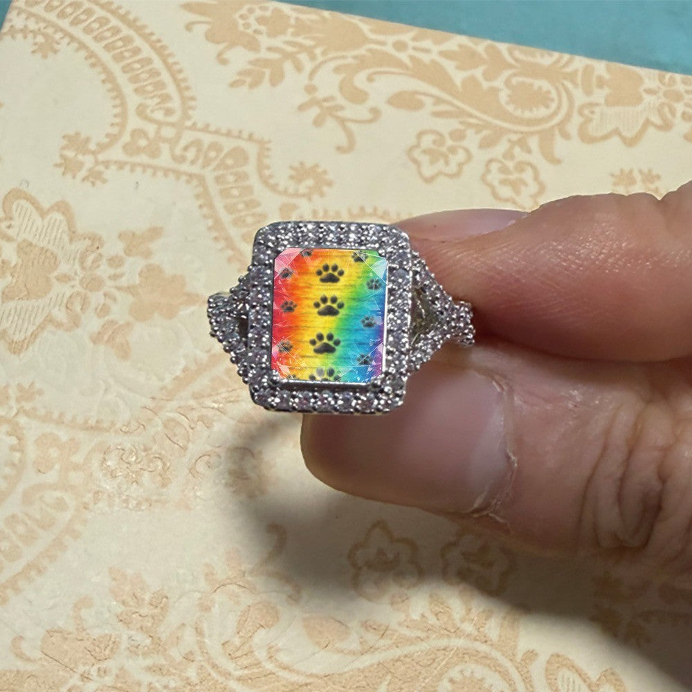 Rainbow Paw Print Square Ring