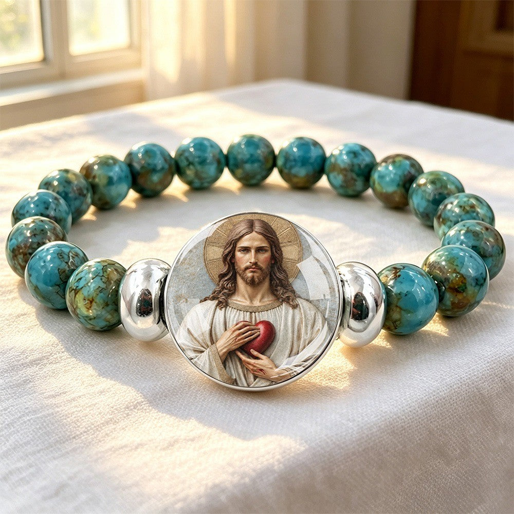 Turquoise Bead Jesus Portrait Bracelet