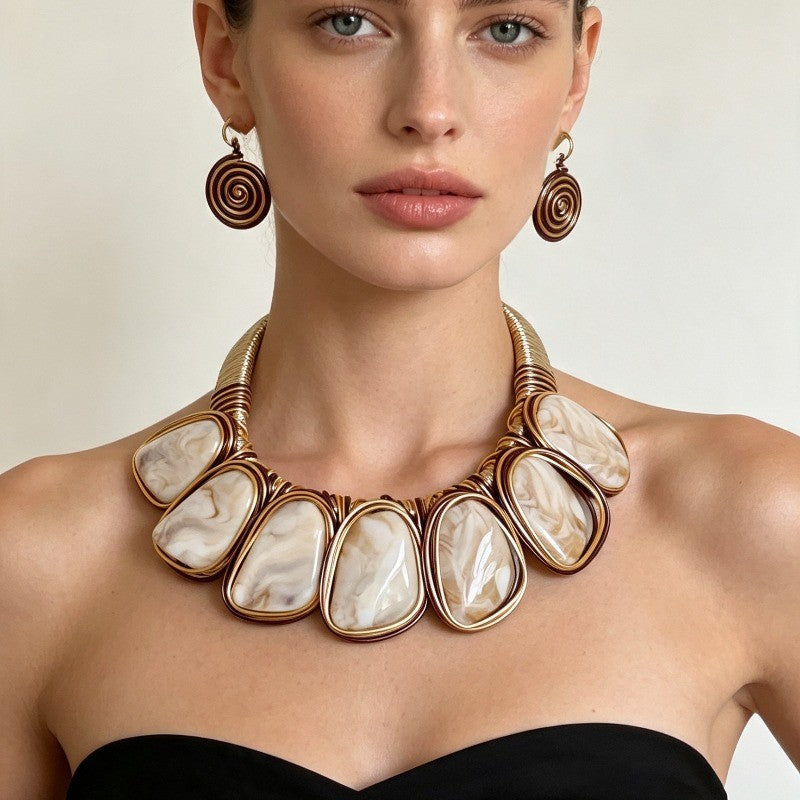 Marbled Oval Wire Wrap Necklace & Earring Set