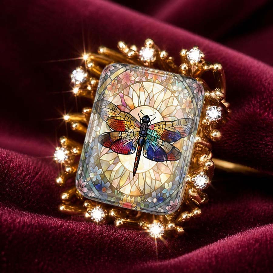Dragonfly Stained Glass Square Ring