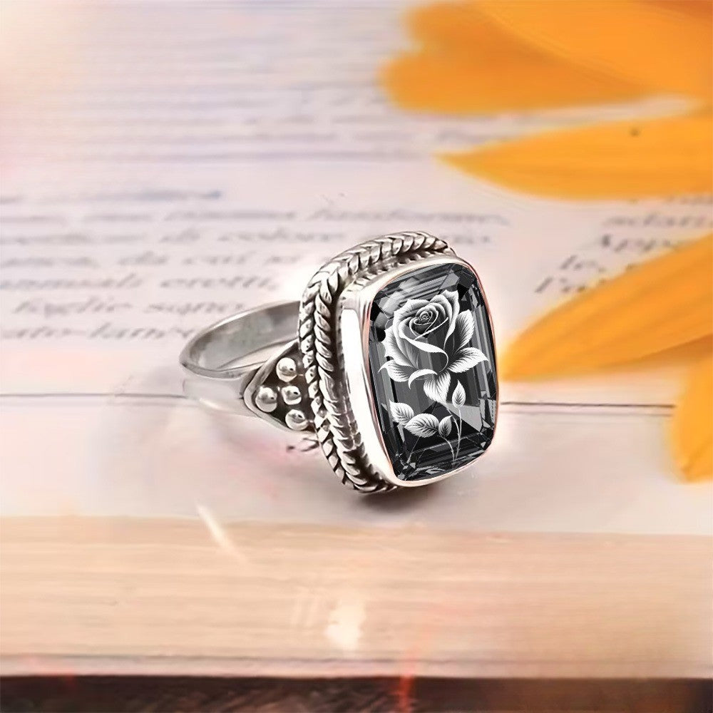 Etched Rose Black Stone Ring