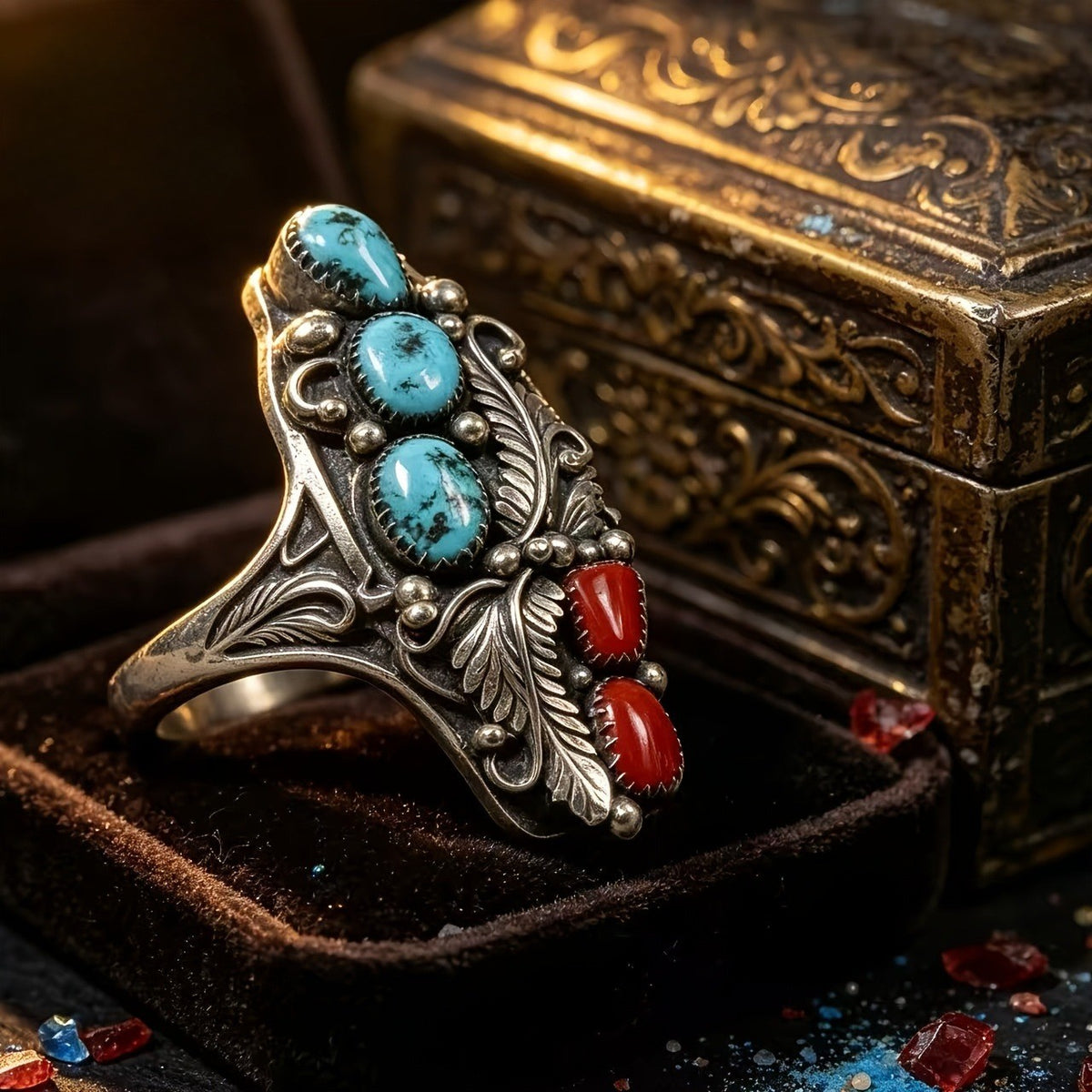 Turquoise & Red Stone Leaf Ring