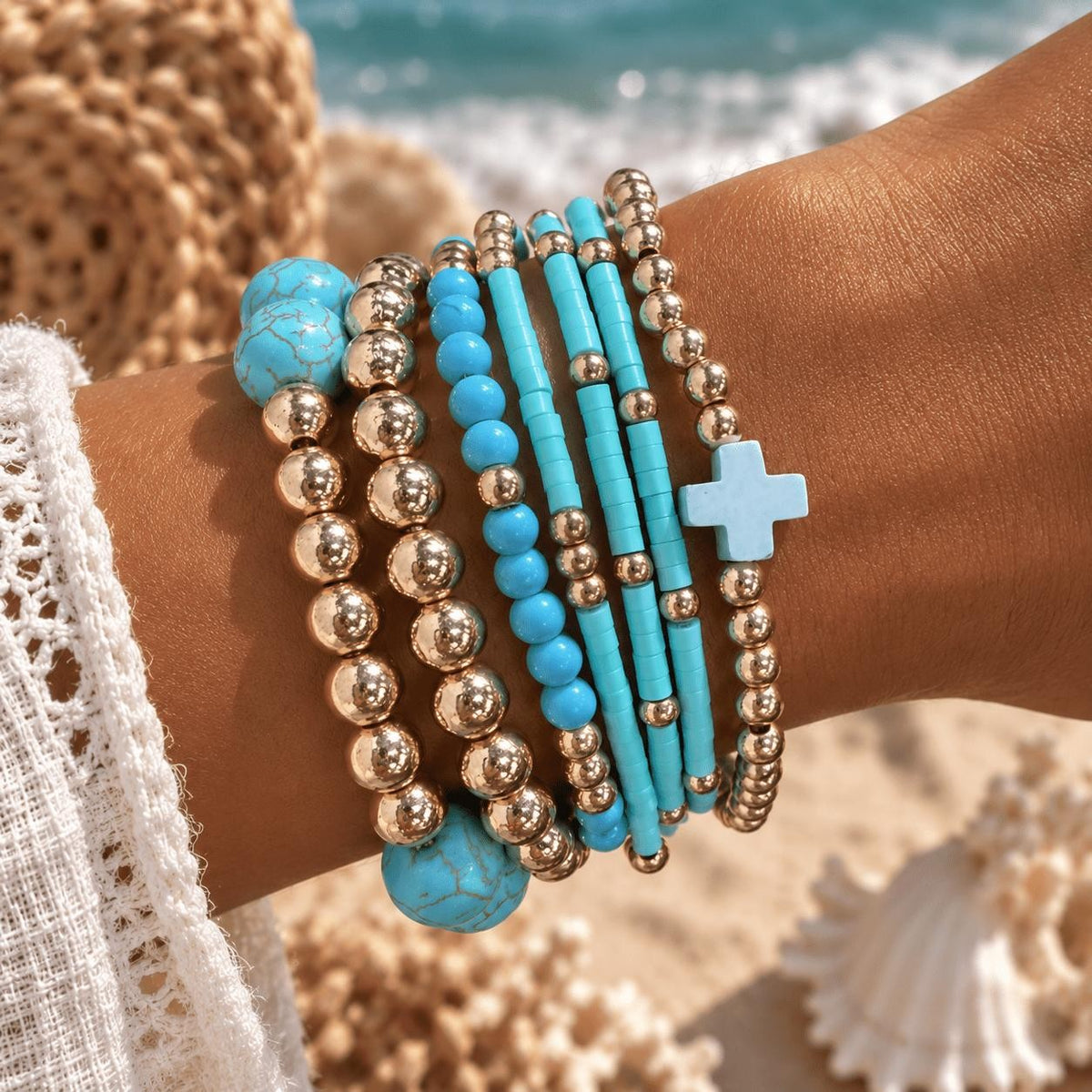 Turquoise & Silver-Tone Cross Bracelet Set