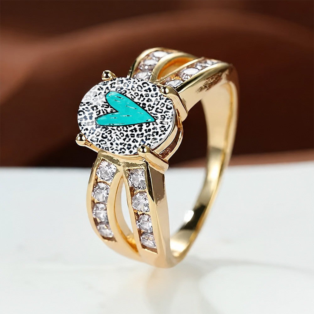 Leopard Print Teal Heart Split Band Ring