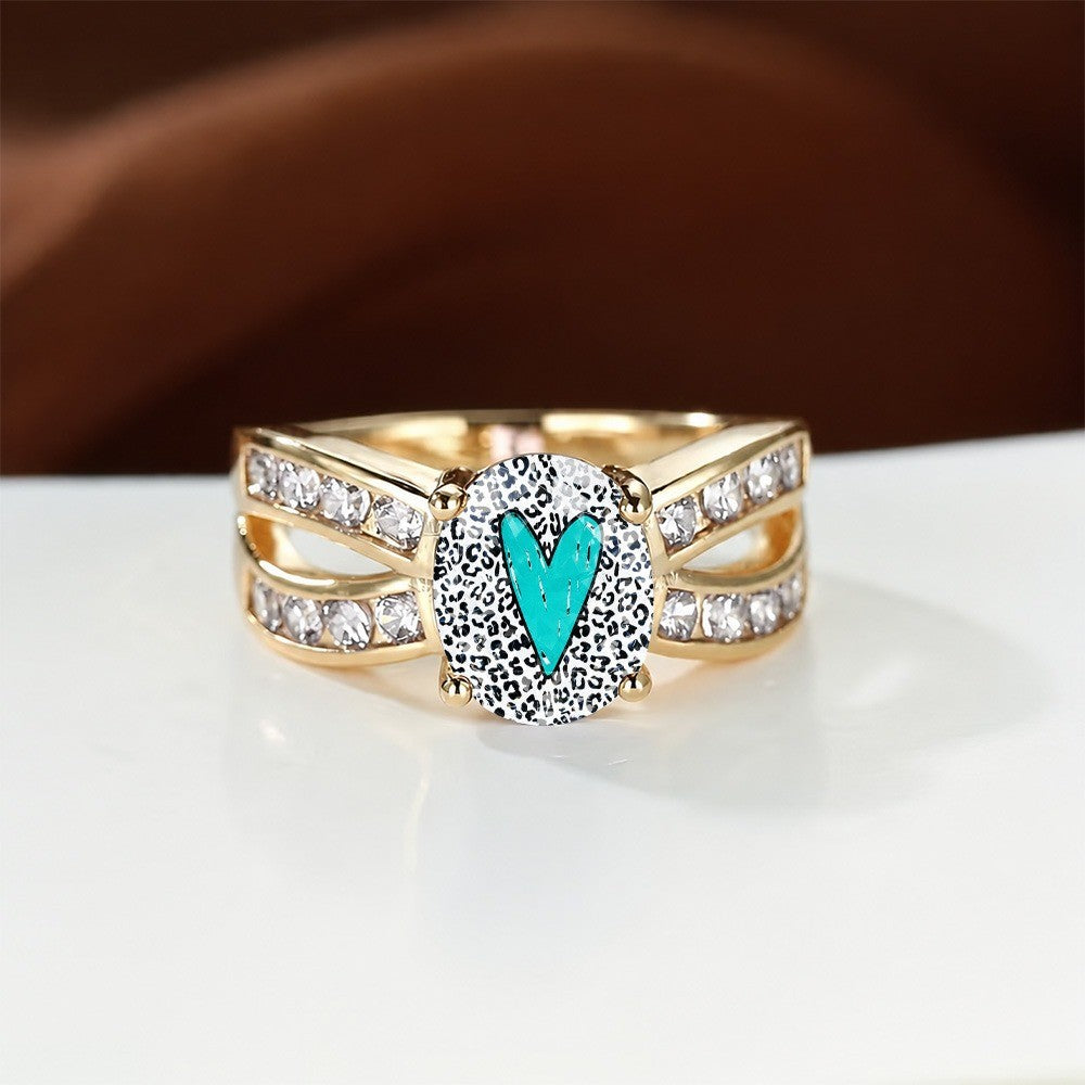Leopard Print Teal Heart Split Band Ring