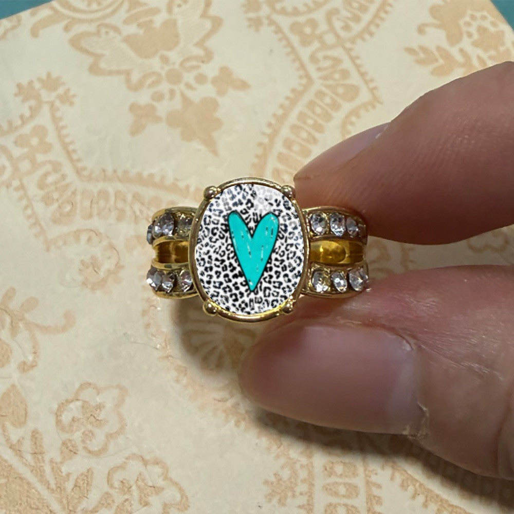 Leopard Print Teal Heart Split Band Ring