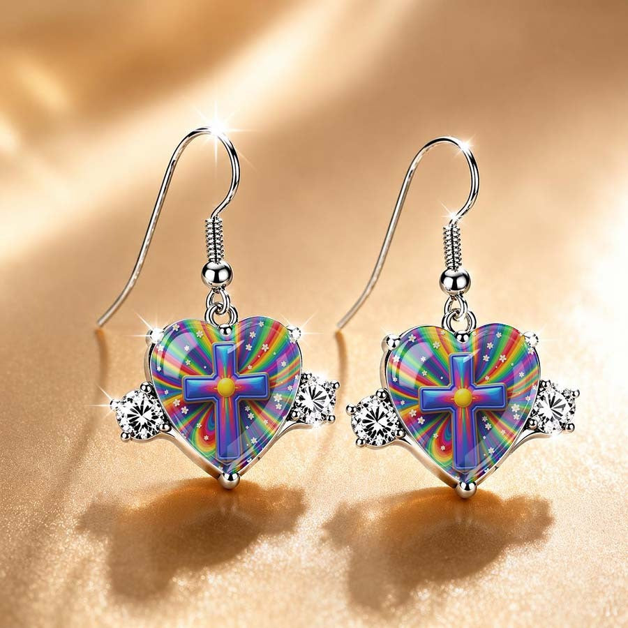Rainbow Cross Heart Drop Earrings